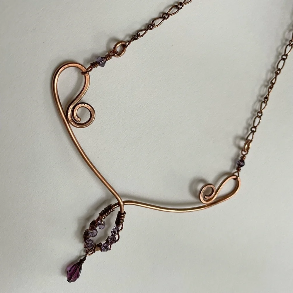 Copper Scroll Necklace Beaded Plum and Lilac‎ Crystals Elegant Rustic Handmade